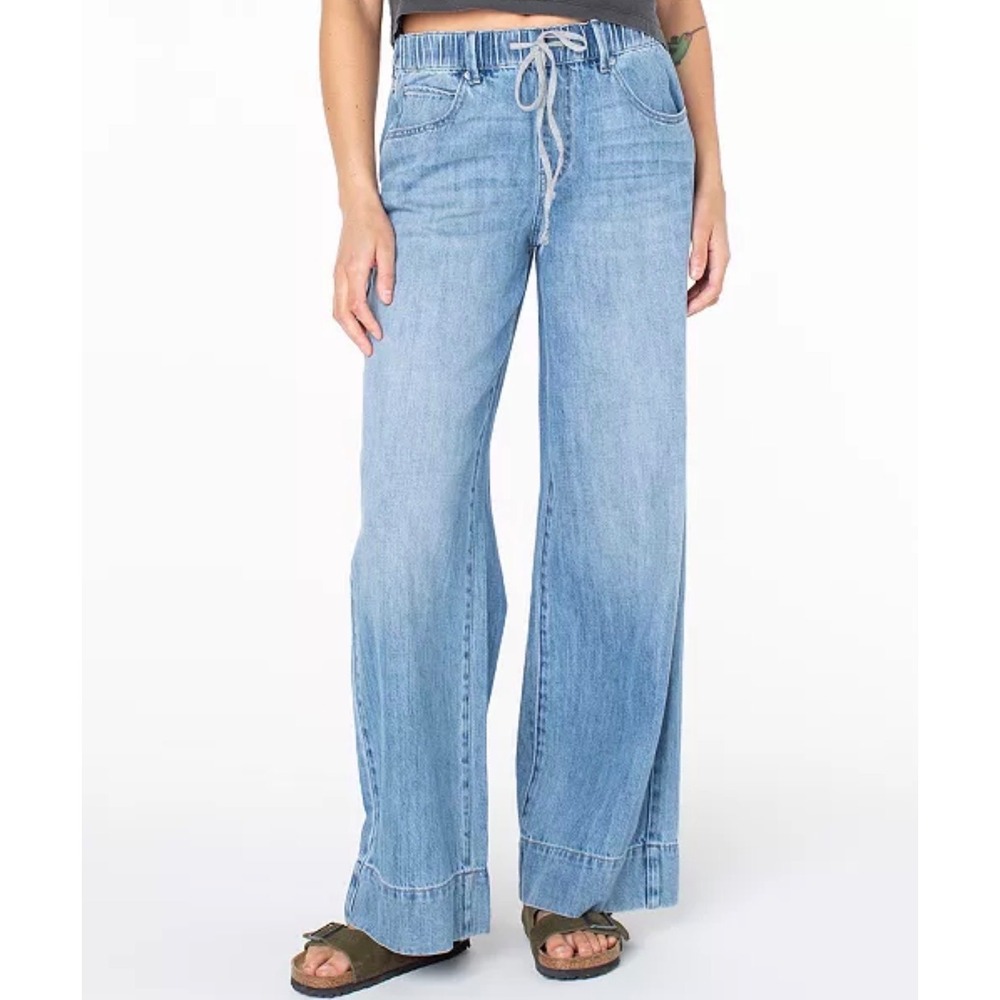 NEW Roxy Finley Wide Leg Jeans Womens Size S Light Blue Drawstring Elastic Waist